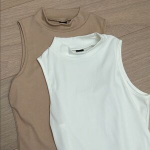 SHEIN Ribbed Mock Neck Sleeveless Bodysuits - White & Tan